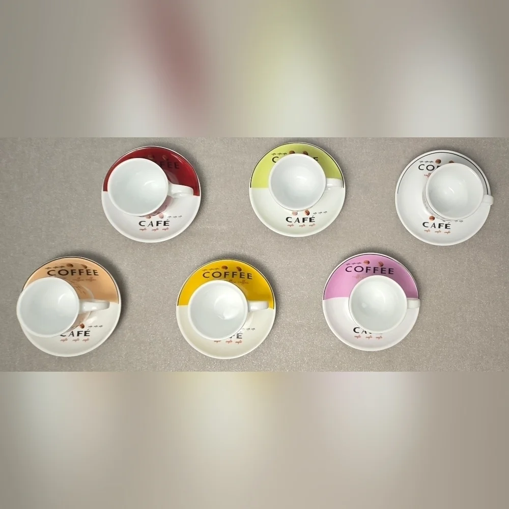 Vintage Café Coffee Cups & Saucers Set of 6 Multicolor Espresso Style - Picture 5 of 12